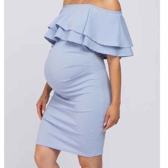 Light Blue Ruffle Off Shoulder Ruched Maternity Dress - Picture 2 of 2